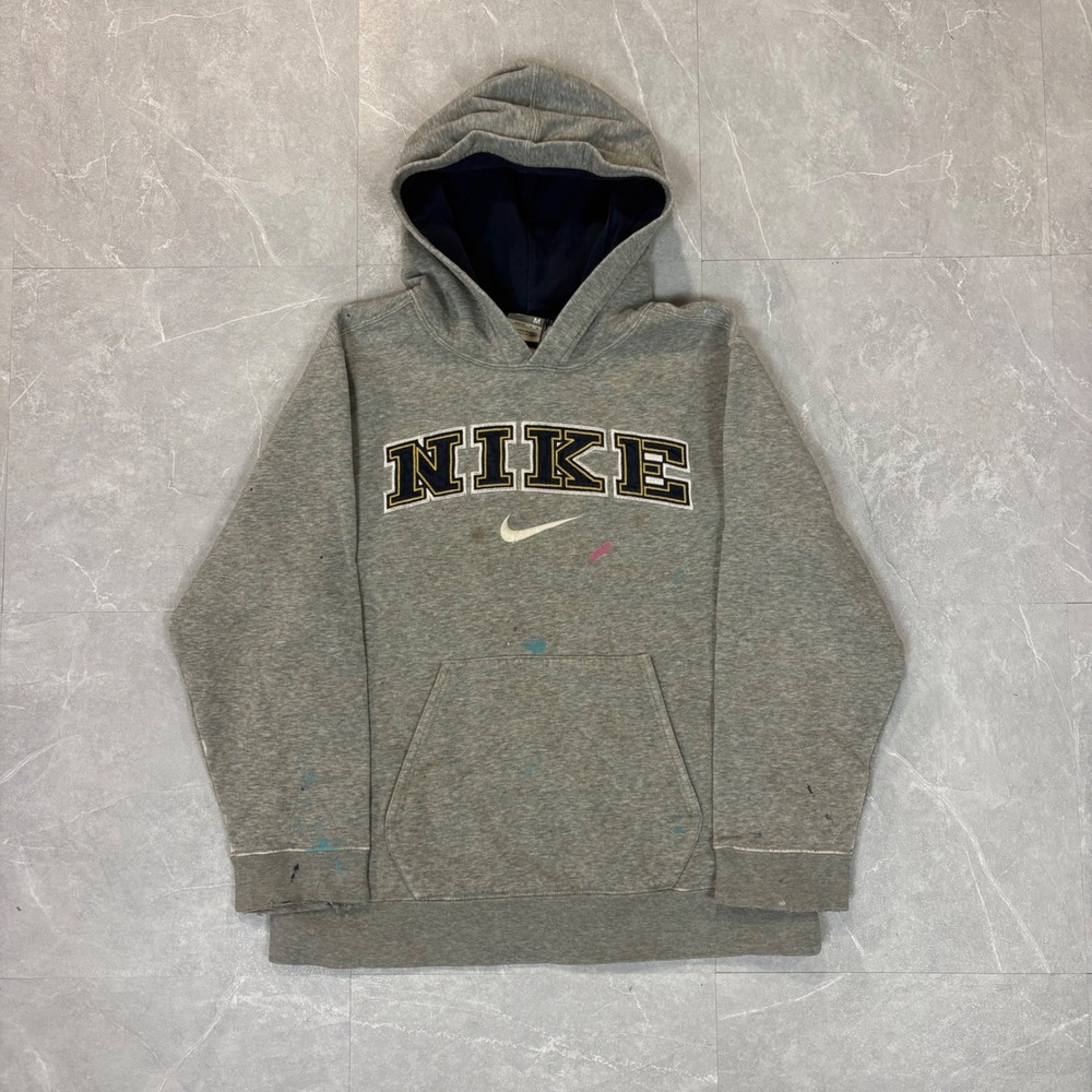 Nike Boys Gray Pullover Hoodie Navy Gold Logo Paint Splatter Size Medium 10-12